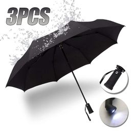 Parapluie en vinyle, 3 pièces, pare-soleil, pluie et soleil, double usage, lampe de poche LED rotative, automatique, 240109
