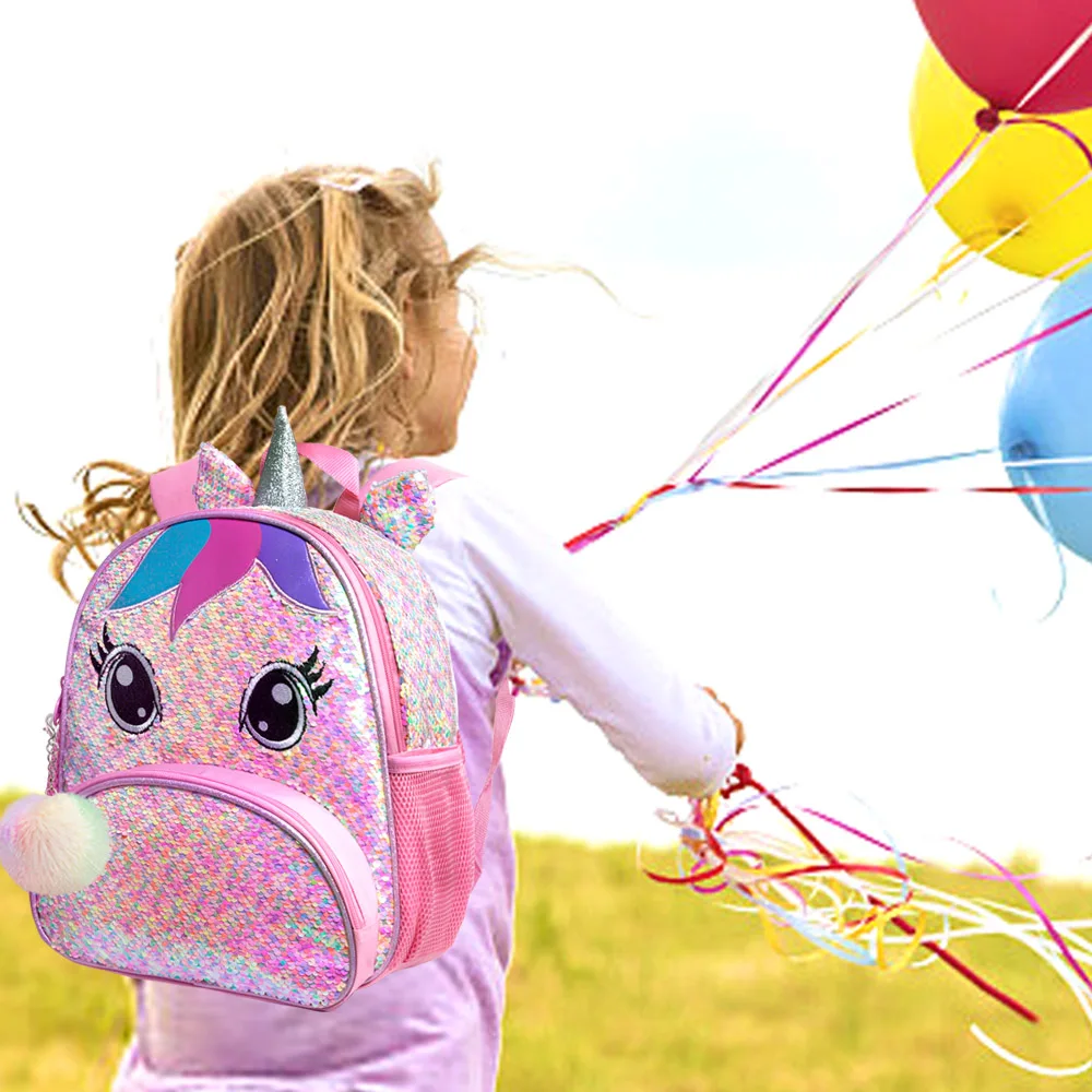 3PCS Unicorn Mackpack for Girls, Bookbag de pré -escolar de lantejoulas de 12 
