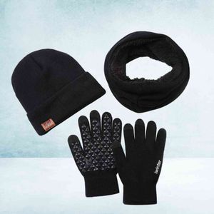 3pcs Winter Warm Hat Scarf Set Camouflage Knitting for Men Gift (noir)