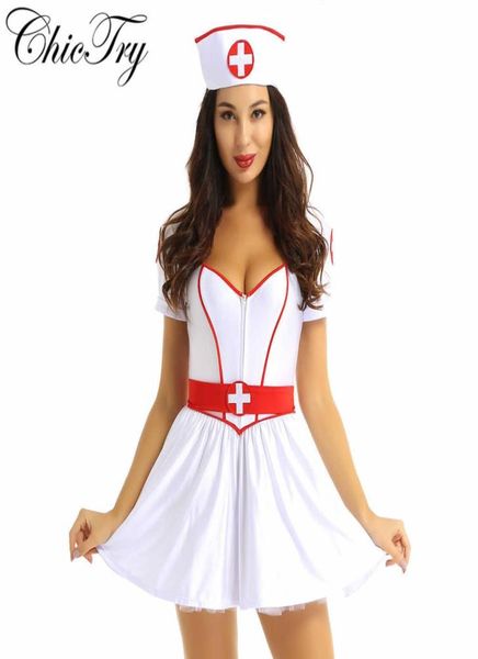 3 piezas mujeres adultos enfermera traviesa disfraz de cosplay traje de fiesta de Halloween vestido de tutú con escote corazón con diadema y cinturón G09259318708