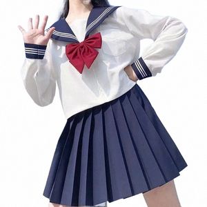 3pcs femmes uniforme scolaire japonais costume étudiant jk costumes marin marine vêtements fille à manches courtes style collège haut + jupe + arc f8mO #