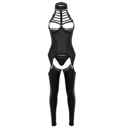 3 Pcs Femmes Ouvert Entrejambe Lingerie Ensemble Halter Cou Buste Soutien-Gorge Crotchless En Cuir Verni Érotique Sexy Costume Cosplay Body Outfit Bras S337R