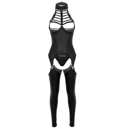 3pcs femmes ouvert entrejambe lingerie ensemble licou cou buste soutien-gorge sans entrejambe en cuir verni érotique sexy costume cosplay body tenue soutiens-gorge S334A