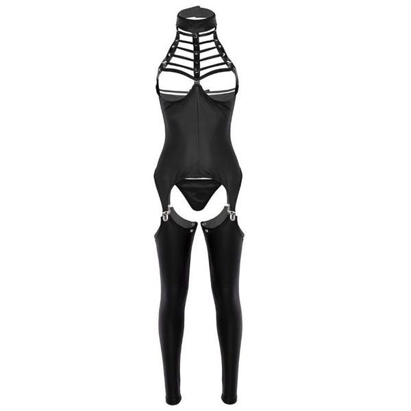 3Pcs Femmes Ouvert Entrejambe Lingerie Ensemble Halter Cou Buste Soutien-Gorge Crotchless En Cuir Verni Érotique Sexy Costume Cosplay Body Outfit Bras S281z