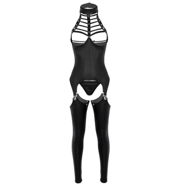 3 Pcs Femmes Ouvert Entrejambe Lingerie Ensemble Halter Cou Buste Soutien-Gorge Crotchless En Cuir Verni Érotique Sexy Costume Cosplay Body Outfit Bras S234c