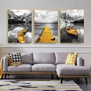 3 -stks gele boot op het meer landschap canvas posters print Gold houten brug bergbrug abstracte muur kunst schilderijen thuisdecoratie