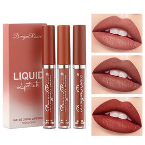 3pcsbox Conjunto de lápiz labial líquido Mate Terciopelo Niebla Sexy Brillos de labios rojos Pasta de frijol Brillo de labios Maquillaje Cosmético 240311