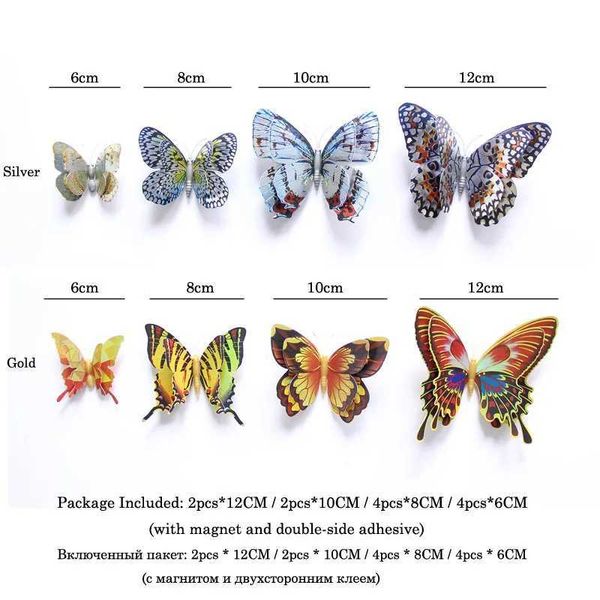 Aimants 3PCSfridge 12pcs Gold / Silver Double couche 3D Butterfly Stickers Home Decoration Holographic Butterflies MANGET DES SÉCRONNÉES DE MARIAGE DE MARIAGE