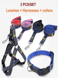 3PCSLOT PET DOG LEASHES SETS AVEC HARNESS Colliers Denim Strap de tissu robuste chat pour Walking Walking2764795