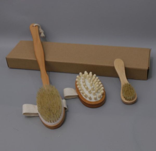 Set di 3 spazzole da bagno Set di spazzole per pelle secca Corpo con setole naturali morbide Spazzole per doccia da bagno in legno Spazzola per corpo SPA con manico rimovibile D4458514