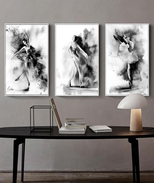 3pcSset Black Blanc Ballerina Art peinture moderne abstrait art image ballet danse fille toile affiche décor 4611983