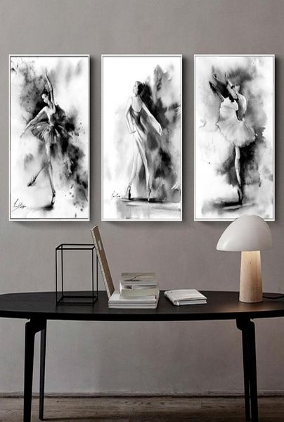 Peinture artistique de ballerine en noir et blanc, 3 pièces, tableau d'art abstrait moderne, affiche en toile de danse de Ballet pour fille, décoration de maison, 1916128