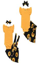 3Pcsset Enfants Bébé Filles Tournesol manches volantes barboteuse hauts arc bandeaux tournesol imprimé pantalon sunpender jupe vêtements enfants ouf4129103