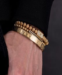 3pcsSet Luxe Gouden Koninklijke Koning Kroon Mannen Armbanden Romeinse Cijfer Armband Uniek Ontwerp Gevlochten Verstelbare Bangle Pulseira7323452