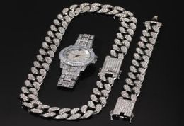 3pcsset hommes Hip hop glacé bling chaîne collier Bracelets montre 20mm largeur chaînes cubaines colliers Hiphop charme bijoux cadeaux15057147