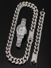 3pcsset hommes Hip hop glacé bling chaîne collier Bracelets montre 20mm largeur chaînes cubaines colliers Hiphop charme bijoux cadeaux19158758