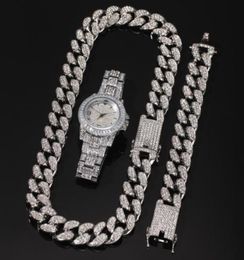 3pcsset hommes Hip hop glacé bling chaîne collier Bracelets montre 20mm largeur chaînes cubaines colliers Hiphop charme bijoux cadeaux14161390