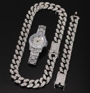 3pcSset Men Hip Hop Iced Out Bling Chain Collier Bracelets Watch 20 mm Largeur Colliers Coubains Colliers Hiphop Charm bijoux Cadeaux18551549