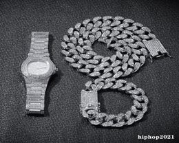 3PCSset Mens Hip Hop Iced Out Bling Chains Collier Diamond Collier Bracelets Watch Cuban Link Chains Fashion Hiphop Jewelry Sett1649112