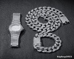 3PCSset Mens Hip Hop Iced Out Bling Chains Collier Diamond Collier Bracelets Watch Cuban Link Chains Fashion Hiphop Jewelry Set5802952