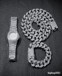 3pcsset para hombre Hip hop helado hacia fuera bling Cadenas Collar de diamantes Pulseras Reloj Cadenas de eslabones cubanos Moda Hiphop Conjuntos de joyería 4448329