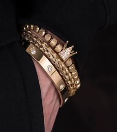3 pièces ensemble Micro pavé CZ couronne chiffre romain hommes Bracelets en acier inoxydable cristaux Bracelets Couple bijoux faits à la main cadeau 9596122