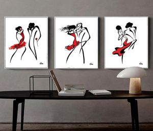 3pcsset minimaliste abstrait dessin au trait danse couple art peinture noir blanc rouge mur art danse affiche pour salon bedro4973504