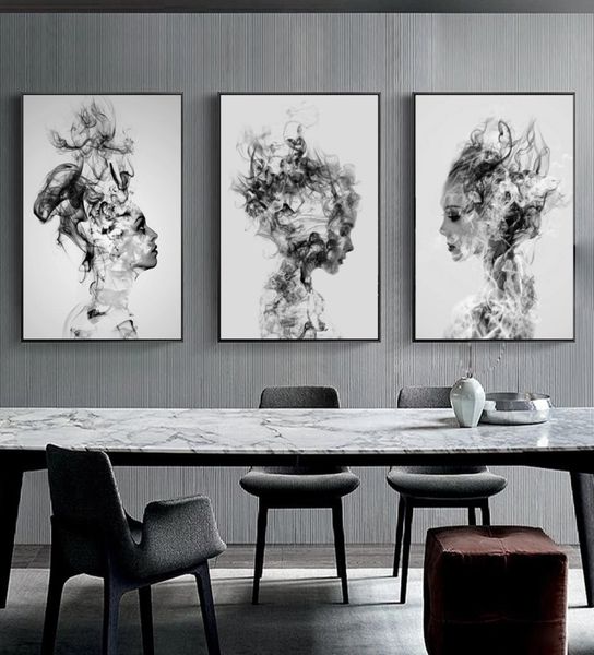 3pcsset moderne abstrait nuage Smog fille Portrait toile Art peinture noir et blanc mur Art toile affiche nordique minimaliste Wa9240247