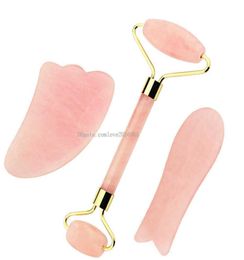 3PCSset Natural Rose Quartz Gua Sha Jade Massage facial Rouleau Jade Guasha Board Stracage outil de massage corporel RELAMATION2540822