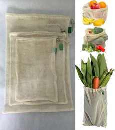 3pcSset Épicerie en maille en coton réutilisable Sacs de produits de légumes Sacs frais Totes à main