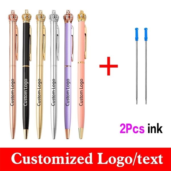 3pcsset Small Crown Pen Get 2 Ink Custom Gift Pen Metal Bolígrafo Papelería Venta al por mayor Útiles escolares Letras Nombre 220712