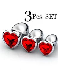 3pcSset Smooth Massager Perles anales Crystal Jewelry Heart Butt Stimulateur Femmes Sex Toys Dildo en acier inoxydable Plug anal 240325