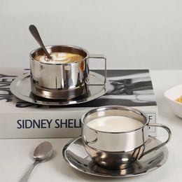 3pcSset tasses de café en acier inoxydable avec plateau en remuant cuillère isolation double mur à thé de thé à thé