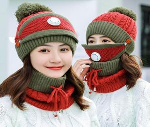 3 pièces ensemble chapeau et écharpe d'hiver avec masque respirant velours épais chaud coupe-vent colliers ensembles pour femmes dames chapeau écharpe 6854232