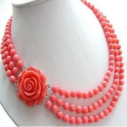 3row 7-8 mm Corail rose Belle atmosphère Collier de bouton rose en cuir