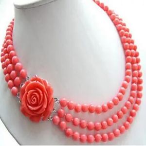 3row 7-8mm roze koraal Mooie sfeer Rose Button ketting leer langer damesmode-sieraden 17-18 inch