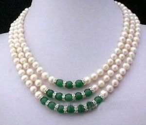 Collier émeraude perle Akoya blanche 3Rows 7-8MM 17-19''