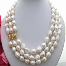 3ROWS10-11 mm Wit witte zoetwaterparel trui ketting ketting 17-19inch
