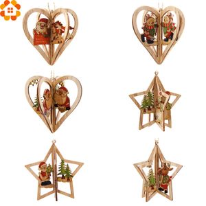 3Sets 3D Creative Noël Pendentifs en bois Ornements DIY StarHeart Bois Artisanat Décorations de Noël Arbre Ornements Enfants Cadeaux Y201020