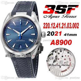 3SF Aqua Terra A8900 Automatische Mens Horloge Staal Case Blue Horizontal Teak Pattern Dial Stick Rubber met White Line Super Edition 2220.12.41.21.03.002 Puretime 01A1