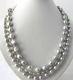 3strands 18 '' Grey Baroque Round Freshwater Pearl Crystal Necklace