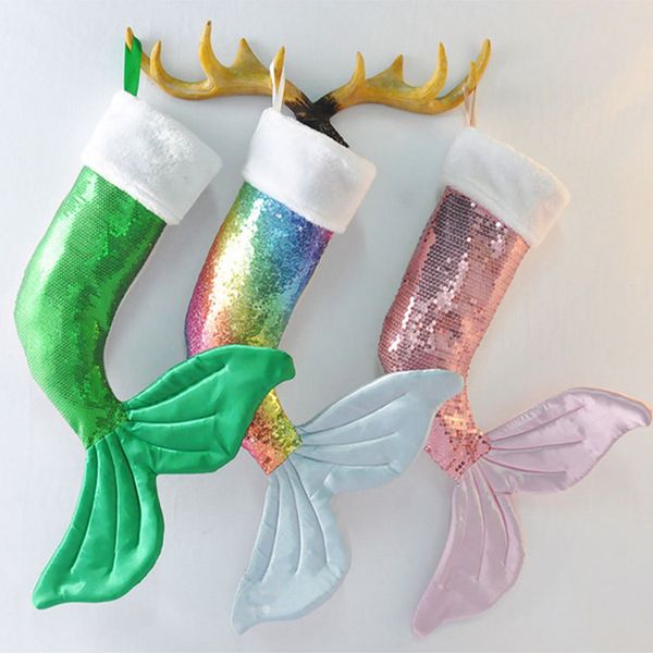 3 estilos Sirena lentejuelas Calcetines de Navidad cola de pescado Día de Navidad colgante decorativo ornamento calcetines Bolsa de regalo de cola de pez titular de dulces 60x45 cm