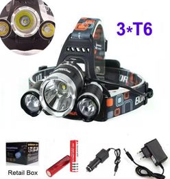 3T6-koplamp 6000 lumen 3 x T6-hoofdlamp High Power LED-koplamp Hoofdlamp Zaklampkop + oplader + batterij + autolader9220025