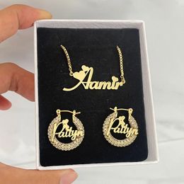 3umeter nome personalizado conjunto de jóias para meninas mulheres gelo fora piscar 22mm brincos de argola personalidade placa de identificação pingente colar presente 240102