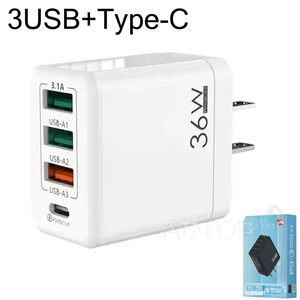 Adaptateurs muraux multi-ports 3USB + 1type-c 36W, chargeur pour téléphone portable, EU/US/UK, adapté pour smartphone iphone Samsung