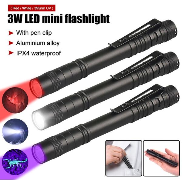 Mini linterna LED de 3W Linterna UV Luz blanca/roja/púrpura Luz de pluma de mano Antorcha de linterna médica impermeable con clip para bolígrafo Lámpara de bolsillo Alimentación por batería AAA