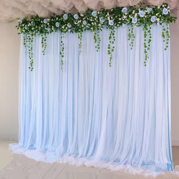 3X6M Elegatn Mariage Fond Décoration Voile Blanc Bicouche Fil Rideau Avec Fleur Artificielle Pour Anniversaire Saint Valentin Fête DIY