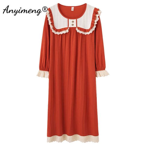 3xl 4xl 5xl tamaño grande mujer camisón otoño invierno suave vintage vestido de noche princesa elegante encaje ropa de dormir algodón vestido largo 210924