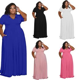 3XL 4XL 5XL Robes de grande taille Vêtements de créateurs Mode Casual Revers Couleur unie Jupe longue à manches courtes Femmes Sexy Maxi Robe