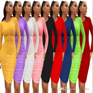 Vestido ajustado por debajo de la rodilla de otoño 3XL para mujer, Vestidos de fiesta plisados sexis, Vestidos informales de manga larga, Ropa de talla grande para mujer